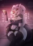  anthro canid canid_demon chest_tuft city city_background collar demon female fire funktilda hellhound helluva_boss hi_res inverted_pentagram lighter loona_(helluva_boss) mammal midriff open_mouth pentagram red_sclera rooftop sitting solo spiked_collar spikes tuft 