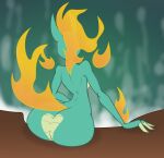  2018 anthro asian_mythology big_butt breasts butt chinese_mythology digital_media_(artwork) dragon east_asian_mythology equid equine female fire flaming_hair flaming_tail flaming_wings floating_wings green_body jrvanesbroek longma mammal mythology nude pseudo_hair rear_view scalie side_boob small_waist solo them&#039;s_fightin&#039;_herds tianhuo_(tfh) wings 