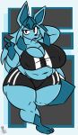  2021 5_fingers absurd_res aliasing anthro belly belly_overhang big_breasts big_butt biped blue_body blue_hair bottomwear breasts butt chubby_anthro chubby_female cleavage clothed clothing collarbone crop_top curvy_figure digital_media_(artwork) eeveelution female fingers generation_4_pokemon glaceon gwen_(kingretrokirby) hair hand_behind_head hi_res kingretrokirby long_hair looking_at_viewer midriff navel nintendo open_mouth pokemon pokemon_(species) red_eyes shirt shorts solo standing tank_top thick_thighs topwear video_games voluptuous wide_hips 