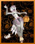  abstract_background absurd_res anthro ash_(disambiguation) avian balls bikini bird candy clothed clothing cosmicfs_(artist) cosplay dessert erection feathers food genitals halloween hi_res holidays jack-o&#039;-lantern looking_at_viewer male owl penis skimpy solo string_bikini swimwear thick_thighs 