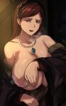  1girl bare_shoulders black_eyes breasts brown_hair cafekun cleavage collarbone covering covering_breasts hair_ornament highres hilda_boreas_greyrat huge_breasts jewelry long_hair long_sleeves looking_at_viewer mushoku_tensei necklace off_shoulder parted_lips pearl_necklace smile solo 