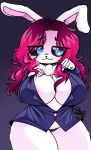  animal_humanoid anthro big_breasts black_sclera blue_eyes breasts cleavage clothed clothing female fur hair hi_res humanoid lagomorph lagomorph_humanoid leporid leporid_humanoid long_ears long_hair looking_away mammal mammal_humanoid panties pantsless pink_hair rabbit rabbit_humanoid seerkitty simple_background solo underwear wardrobe_malfunction white_body white_fur wide_hips 