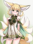  1girl :o absurdres animal_ear_fluff animal_ears arknights bangs bare_shoulders blonde_hair blush braid breasts commentary cosplay dress english_commentary fox_ears fox_girl fox_tail genshin_impact gradient gradient_background green_background green_eyes grey_background hair_between_eyes hair_rings hand_up highres kyuubi looking_at_viewer multicolored_hair multiple_tails nahida_(genshin_impact) nahida_(genshin_impact)_(cosplay) nose_blush parted_lips rylaera sleeveless sleeveless_dress small_breasts solo standing suzuran_(arknights) tail twin_braids two-tone_hair white_dress white_hair 