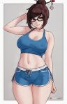  1girl bangs bare_shoulders bluefield breasts brown_eyes brown_hair cameltoe cleavage covered_nipples crop_top glasses hair_bun hair_ornament hair_stick highres looking_at_viewer mei_(overwatch) midriff navel overwatch shorts single_hair_bun smile solo sports_bra 