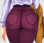  1girl 2021 ass ass_focus belt denim holding holding_clothes jeans long_sleeves pants pocket scryed shirt shirt_tucked_in solo standing terada_ayase tomo0843 white_background white_shirt 