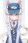  1girl absurdres animal_ears arknights bangs baseball_cap blue_background blue_headwear blue_vest blush brown_eyes collared_shirt commentary diagonal-striped_necktie employee_uniform english_commentary hair_between_eyes hat highres long_hair looking_at_viewer nalphanne parted_lips platinum_(arknights) ponytail shirt solo two-tone_background uniform upper_body very_long_hair vest white_background white_hair white_shirt 