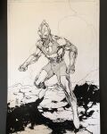  1boy 2018 alien artist_name clenched_hands english_commentary frown greyscale highres ink_(medium) jim_lee looking_ahead male_focus monochrome photo_(medium) smoke solo standing tokusatsu traditional_media ultra_series ultraman ultraman_(1st_series) western_comics_(style) 