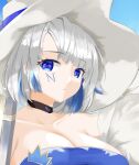  1girl alchemy_stars azure_(alchemy_stars) bangs bare_shoulders black_choker blue_dress blue_eyes blue_hair breasts choker cleavage collarbone commentary_request dress facial_mark highres kijipe large_breasts looking_at_viewer multicolored_hair off_shoulder short_hair solo strapless strapless_dress upper_body white_hair white_headwear 