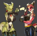  2022 5_fingers abs anthro areola argonian bethesda_softworks black_sclera blue_eyes breasts camel_toe duo elizabeth_(nisetanaka) eyewear female fingers glasses green_body green_scales gun handgun hi_res horn necktie nipples nisetanaka open_mouth ranged_weapon red_body red_scales scales scalie standing the_elder_scrolls video_games weapon 