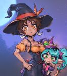 2girls bangs bare_shoulders bewitching_nidalee bewitching_poppy black_dress black_headwear blush bow bowtie breasts brown_hair cleavage collarbone cowboy_shot dress green_eyes hair_ornament hand_on_hip hat large_breasts league_of_legends moon multiple_girls nidalee night official_alternate_costume orange_dress outdoors phantom_ix_row pink_bow pink_bowtie poppy_(league_of_legends) puffy_short_sleeves puffy_sleeves short_hair short_sleeves sky star_(sky) starry_sky tooth_hair_ornament tree twintails wavy_mouth witch_hat yordle 