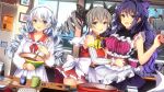  3girls :d apron baking bangs bare_shoulders benghuai_xueyuan black_bow blue_eyes blue_sky bow bowl bowtie braid bronya_zaychik chocolate dress drill_hair frilled_apron frilled_dress frills gloves grey_eyes grey_hair hair_bow highres holding holding_bowl honkai_(series) honkai_impact_3rd indoors kiana_kaslana kitchen long_hair long_sleeves looking_at_viewer multiple_girls official_art open_mouth ponytail purple_bow purple_dress purple_eyes purple_hair raiden_mei red_dress sky sleeveless sleeveless_dress smile third-party_source twin_braids twin_drills white_apron white_dress white_gloves window yellow_bow yellow_bowtie 