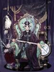  1boy animal_skull armchair bird black_hair cape chair cockatoo crossed_legs flower globe holding holding_sword holding_weapon judas_(tales) male_focus mask nishihara_isao oekaki purple_eyes short_hair sitting skull_on_head smile solo sword tales_of_(series) tales_of_destiny_2 weapon 