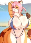  absurd_res anthro areola big_breasts bikini blep breasts clothing domestic_cat felid feline felis female hi_res huge_breasts mammal pink_body saasmimz solo swimwear thick_thighs tongue tongue_out 
