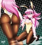  1girl absurdres ahoge animal_ears aqua_eyes ass black_footwear black_pantyhose danmakuman from_behind high_heels highres kneeling leotard long_hair looking_at_viewer multiple_views on_floor one_eye_closed original pantyhose pink_hair playboy_bunny rabbit_ears rabbit_tail signature standing tail yellow_leotard 