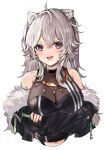  1girl ahoge animal_ear_fluff animal_ears appleseed_(appleseed_art) arms_under_breasts bangs bare_shoulders black_jacket black_nails black_shirt breasts crossed_arms ear_piercing fur-trimmed_jacket fur_trim grey_eyes grey_hair hair_between_eyes hololive jacket jewelry large_breasts lion_ears long_hair looking_at_viewer necklace piercing shirt shishiro_botan simple_background sleeveless sleeveless_shirt solo thighhighs tongue tongue_out upper_body virtual_youtuber white_background 