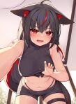  1girl :d ahoge all_fours animal_ear_fluff animal_ears bare_arms black_hair black_shorts blush breasts ceiling_light clothes_lift crop_top deaver ear_piercing fox_ears fox_girl fox_tail from_below highres hololive kurokami_fubuki large_breasts lifted_by_self long_hair looking_at_viewer multicolored_hair navel open_mouth piercing red_eyes red_hair revision shirt_lift short_shorts shorts smile solo stomach streaked_hair tail thigh_strap underboob very_long_hair virtual_youtuber 