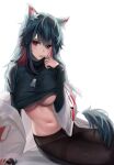  1girl absurdres animal_ear_fluff animal_ears arknights arm_support black_hair black_pantyhose black_sweater breasts closed_mouth clothes_lift dog_tags finger_to_mouth highres jacket large_breasts long_hair long_sleeves looking_at_viewer multicolored_hair navel no_bra no_pants official_alternate_costume open_clothes open_jacket orange_eyes panties panties_under_pantyhose pantyhose red_hair shokuyou_koori simple_background sitting solo stomach sweater sweater_lift texas_(arknights) texas_(winter_messenger)_(arknights) thighband_pantyhose two-tone_hair underboob underwear very_long_hair white_background white_jacket white_panties wolf_ears 