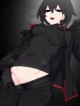  1girl bangs black_background black_eyes black_gloves black_hair black_pants black_pantyhose bob_cut breasts covered_navel covered_nipples empty_eyes female_pubic_hair gloves hair_between_eyes highres jacket kabukimonogatari kuro_mushi long_sleeves monogatari_(series) open_clothes open_jacket open_mouth oshino_ougi owarimonogatari pale_skin pants pantyhose pubic_hair see-through see-through_legwear see-through_shirt shirt short_hair simple_background small_breasts smile solo steaming_body undressing white_background 