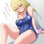 1girl blonde_hair blue_one-piece_swimsuit breasts condom condom_wrapper dutch_angle feet_out_of_frame glasses green_eyes i-8_(kancolle) kantai_collection large_breasts low_twintails school_uniform shiawase_hougan sitting solo strap_slip swimsuit twintails 
