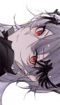  1boy animal_ears arknights closed_mouth from_side grey_hair hair_ornament logos_(arknights) long_hair looking_at_viewer looking_to_the_side masaya_(sufk4438) pointy_ears portrait red_eyes simple_background smile solo white_background 