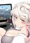  1girl asymmetrical_hair blush breasts cleavage closed_mouth collarbone cypress kantai_collection large_breasts long_hair looking_at_viewer nintendo_switch smile solo television twitter_username unryuu_(kancolle) very_long_hair white_hair yellow_eyes 