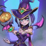  1girl :o bangs bare_shoulders bewitching_leblanc breasts cleavage dress facial_mark green_eyes grey_hair hat juliet_sleeves league_of_legends long_sleeves medium_breasts multicolored_background multicolored_hair official_alternate_costume phantom_ix_row puffy_sleeves pumpkin purple_hair short_hair smile solo strapless strapless_dress sweatdrop two-tone_hair wings witch_hat 