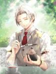  1boy closed_eyes coffee coffee_cup cup cupcake disposable_cup food forehead glasses grey_hair grey_vest happy_birthday highres male_focus mirin_pengin necktie red_necktie shirt short_hair smile tears_of_themis teeth vest vyn_richter_(tears_of_themis) white_shirt 