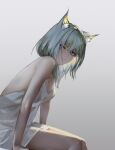  1girl absurdres alternate_costume animal_ear_fluff animal_ears arknights backless_dress backless_outfit bare_shoulders breasts cat_ears cleavage closed_mouth dress from_side gradient gradient_background grey_background grey_eyes grey_hair highres kal&#039;tsit_(arknights) leaning_forward lingear long_hair looking_at_viewer looking_to_the_side see-through sitting small_breasts solo white_dress 