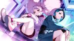  2girls afro_puffs big_hair blue_hair chuatury_panlunch dark_blue_hair green_shorts gundam gundam_suisei_no_majo hood hoodie multiple_girls nardack nika_nanaura official_art pink_hair pink_hoodie school_uniform shoes shorts sitting sneakers thighs 