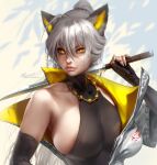  1girl aleriia_v animal_ears breasts elbow_gloves expressionless fingerless_gloves fox fox_ears fox_girl gloves grey_hair hair_between_eyes hair_tie highres holding holding_sword holding_weapon jacket jewelry kitsune large_breasts lips long_hair mole mole_under_eye nail nail_polish necklace nose open_clothes open_jacket original ponytail sideways_glance slit_pupils solo sword upper_body weapon weapon_behind_back white_background yellow_eyes 