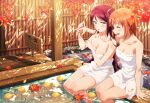  2girls absurdres ahoge arm_around_shoulder bare_shoulders blush breasts closed_eyes collarbone commentary_request day fence food fruit highres kougi_hiroshi leaf looking_at_another love_live! love_live!_sunshine!! mandarin_orange maple_leaf medium_breasts multiple_girls naked_towel onsen open_mouth orange_eyes orange_hair outdoors parted_lips petals petals_on_liquid red_hair sakurauchi_riko side-by-side sign sitting soaking_feet takami_chika thighs towel water wet wet_hair 