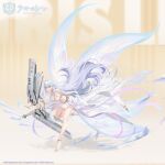  1girl albion_(azur_lane) artist_request azur_lane barefoot bent_over breasts fairy_wings floating_hair full_body hanging_breasts highres large_breasts light_purple_hair long_hair looking_at_viewer midriff navel official_art pointy_ears promotional_art revealing_clothes skirt solo standing standing_on_one_leg very_long_hair white_skirt wings 