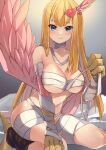  1girl :q absurdres bandages bangs bare_shoulders blonde_hair blue_eyes blunt_bangs breasts claws cleavage closed_mouth collarbone commentary_request duel_monster feathered_wings feathers hair_ornament harpie_girl harpy heart heart_hair_ornament highres holding_bandages jyon104 large_breasts long_hair looking_at_viewer monster_girl mummy_costume naked_bandage pink_feathers pink_wings shadow sitting solo stomach talons tongue tongue_out underboob wariza winged_arms wings yu-gi-oh! 
