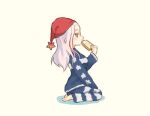  1girl alternate_costume blue_pajamas bread food hat kantai_collection long_hair massachusetts_(kancolle) multicolored_hair negative_space nightcap pajamas red_eyes red_hair saiguchi_otoufu seiza simple_background sitting solo streaked_hair toast upper_body white_background white_hair 