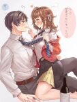  1boy 1girl artem_wing_(tears_of_themis) belt blue_eyes bottle breasts brown_belt brown_hair grey_pants grey_shirt hair_between_eyes hetero highres jacket mirin_pengin necktie necktie_grab neckwear_grab open_mouth pants red_jacket ribbon rosa_(tears_of_themis) shirt short_hair skirt tears_of_themis translation_request white_shirt wine_bottle yellow_eyes yellow_skirt 