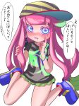  1girl baseball_cap black_shirt blue_eyes blush clownfish commentary_request drooling fish gradient_hair green_hair green_skirt harmony&#039;s_clownfish_(splatoon) harmony_(splatoon) hat highres long_hair low-tied_long_hair miniskirt multicolored_hair open_mouth pink_hair shirt short_sleeves skirt solo speech_bubble splatoon_(series) splatoon_3 striped striped_headwear t-shirt tama_nya tentacle_hair thighs translation_request two-tone_hair 