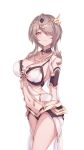  absurdres arms_behind_back breasts brown_hair circlet cleavage closed_mouth collarbone cowboy_shot hair_over_one_eye highres honkai_(series) honkai_impact_3rd jewelry large_breasts looking_at_viewer navel necklace purple_eyes revealing_clothes rita_rossweisse ruo_zhishi_chu_jian short_hair_with_long_locks sidelocks simple_background smile stomach waist_cape white_background 