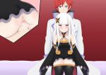  1boy 1girl absurdres ass blue_eyes breasts clothed_sex clothes_lift couple cum cum_in_pussy dress ejaculation hair_ornament happy_sex hetero highres impregnation long_hair penis purple_eyes re:zero_kara_hajimeru_isekai_seikatsu red_hair reinhard_van_astrea reverse_upright_straddle satella_(re:zero) sex sex_from_behind sitting sitting_on_lap sitting_on_person skirt skirt_lift smug teeth uncensored unzipped vaginal xvzzz 