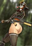  1girl armor ass blurry blurry_background brown_thighhighs commentary_request from_side halmet heart highres holding holding_sword holding_weapon katana mask nisetanaka original samurai sheath shoulder_armor solo standing sweat sword thighhighs weapon wet 