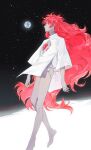  1other androgynous arms_at_sides bare_legs barefoot breastless_clothes collared_shirt earth_(planet) feet_out_of_frame gem glowing highres houseki_no_kuni inkerpape light_particles long_hair long_sleeves no_pants on_moon other_focus padparadscha_(houseki_no_kuni) panties planet profile red_eyes red_gemstone red_hair red_nails sand shirt side-tie_panties sky solo star_(sky) starry_sky underwear very_long_hair walking white_panties white_shirt 