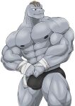  abs anatake anthro barazoku biceps big_muscles clothed clothing deltoids generation_1_pokemon grey_body hi_res huge_muscles looking_aside machoke male muscular muscular_anthro muscular_male nintendo nipples pecs pokemon pokemon_(species) quads red_eyes simple_background solo video_games 