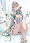 1girl bangs bare_shoulders between_legs blonde_hair blush breasts cleavage closed_mouth elbow_gloves feet_out_of_frame gloves hair_ornament hand_between_legs inoue_takuya_(tactactak) large_breasts long_hair looking_at_viewer mythra_(xenoblade) sitting solo thighs very_long_hair white_gloves xenoblade_chronicles_(series) xenoblade_chronicles_2 yellow_eyes 