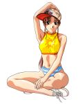  1girl arm_up baseball_cap blue_eyes brown_hair crossed_legs full_body hat highres indian_style lipstick long_hair looking_at_viewer makeup navel no_socks original panties red_lips shoes simple_background sitting smile sneakers solo striped striped_panties sun_print underwear white_background yamada_masaki 