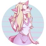  absurd_res anthro berry_tail blonde_hair bottomwear canid canine canis clothed clothing female hair hi_res long_hair mammal pink_body skirt solo wolf 