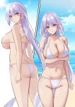  1girl absurdres arm_under_breasts ass ass_visible_through_thighs bangs beach bikini blue_eyes blush breasts character_request cleavage closed_mouth collarbone highres large_breasts looking_at_viewer multiple_views nanohana_(november.) navel outdoors parted_lips purple_hair side-tie_bikini_bottom sideboob swimsuit water yu-gi-oh! 