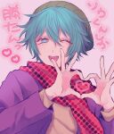  1boy ;d aqua_eyes aqua_hair bangs beanie blush green_headwear hair_between_eyes hat heart heart_hands hiyori_sou jacket kimi_ga_shine layered_sleeves long_sleeves looking_at_viewer male_focus one_eye_closed open_clothes open_jacket open_mouth pink_background polka_dot polka_dot_scarf portrait purple_jacket red_scarf scarf shirt short_hair simple_background smile solo spiked_hair teeth tongue uououoon upper_teeth yellow_shirt 