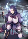  1girl armor bangs black_gloves bodysuit breasts elbow_gloves electricity fate/grand_order fate_(series) fingerless_gloves gloves glowing glowing_eye highres japanese_armor katana kneeling kote large_breasts long_hair looking_at_viewer minamoto_no_raikou_(fate) nakaga_eri parted_bangs pelvic_curtain purple_bodysuit purple_eyes purple_hair ribbed_sleeves rope solo sword tassel very_long_hair weapon 