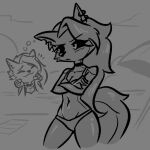  467adv anthro beach bikini black_sclera breasts canid canine canis cleavage clothed clothing collar female helluva_boss loona_(helluva_boss) mammal monochrome navel seaside solo swimwear wolf 