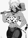  abs absurdres animal_ears animal_print axe bell breasts cara_(monster_musume) collar cow_ears cow_girl cow_horns cow_print cowbell dark_skin highres holding holding_axe horns huge_breasts monster_musume_no_iru_nichijou multicolored_hair muscular muscular_female neck_bell one_eye_closed short_hair simple_background speedl00ver two-tone_hair 