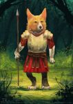  2014 anthro armor biped brown_body brown_fur canid canine canis clothed clothing detailed_background domestic_dog forest fur heliacwolf herding_dog holding_object holding_spear holding_weapon male mammal melee_weapon outside pastoral_dog plant polearm semi-anthro solo spear text tree url weapon welsh_corgi 